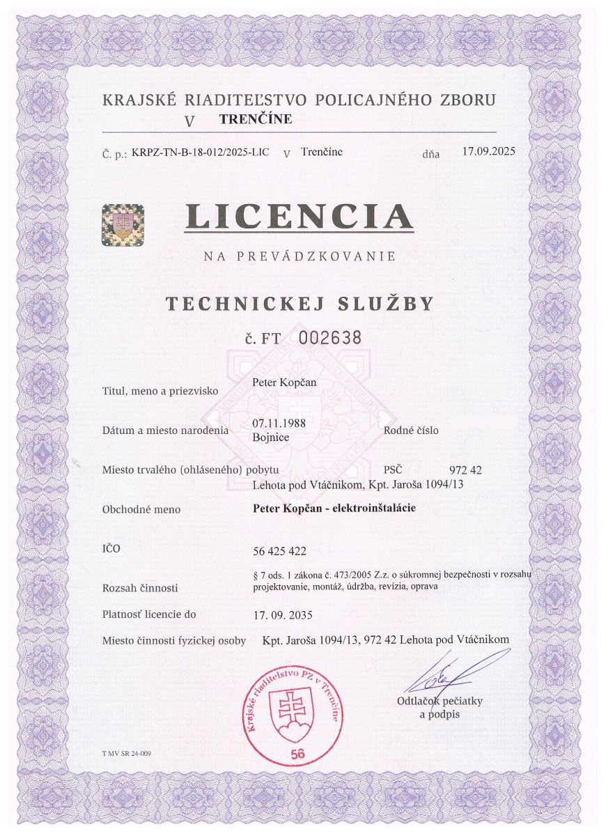 Licencia na prevádzkovanie technickej služby – oprávnenie na montáž kamerových systémov a alarmov