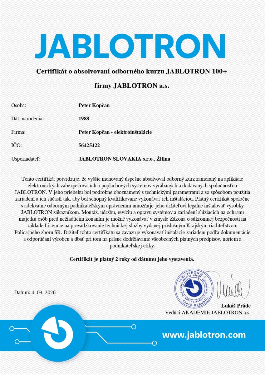 Certifikát autorizovaného montážneho partnera Jablotron – inštalácia a servis zabezpečovacích systémov