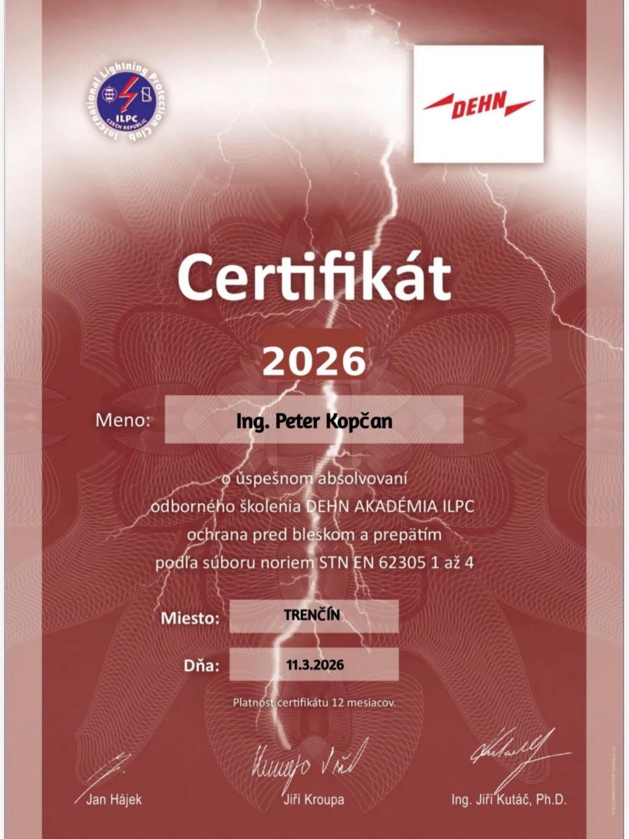 Certifikát na odbornú montáž bleskozvodov a prepäťových ochrán